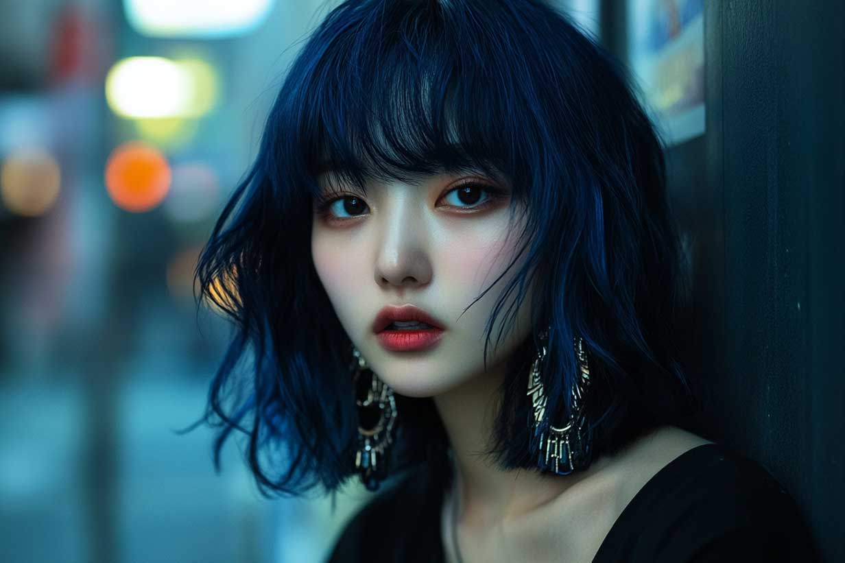 Close-up of bangs against the brow with tousled edges.