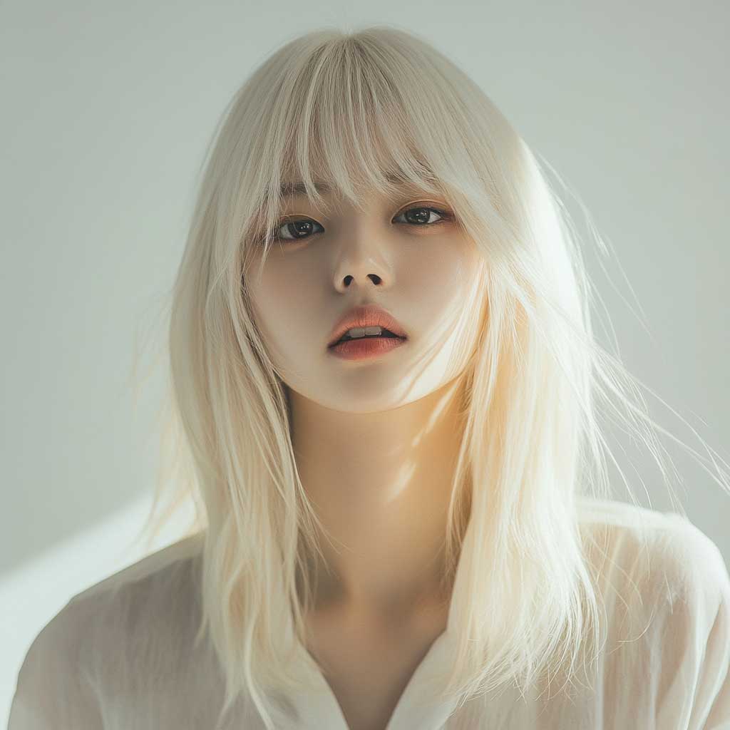 Portrait of a Korean woman with soft platinum blonde layered hair and long curtain Korean bangs, natural makeup, minimalistic outfit, soft diffused studio lighting, relaxed expression, high-resolution detail