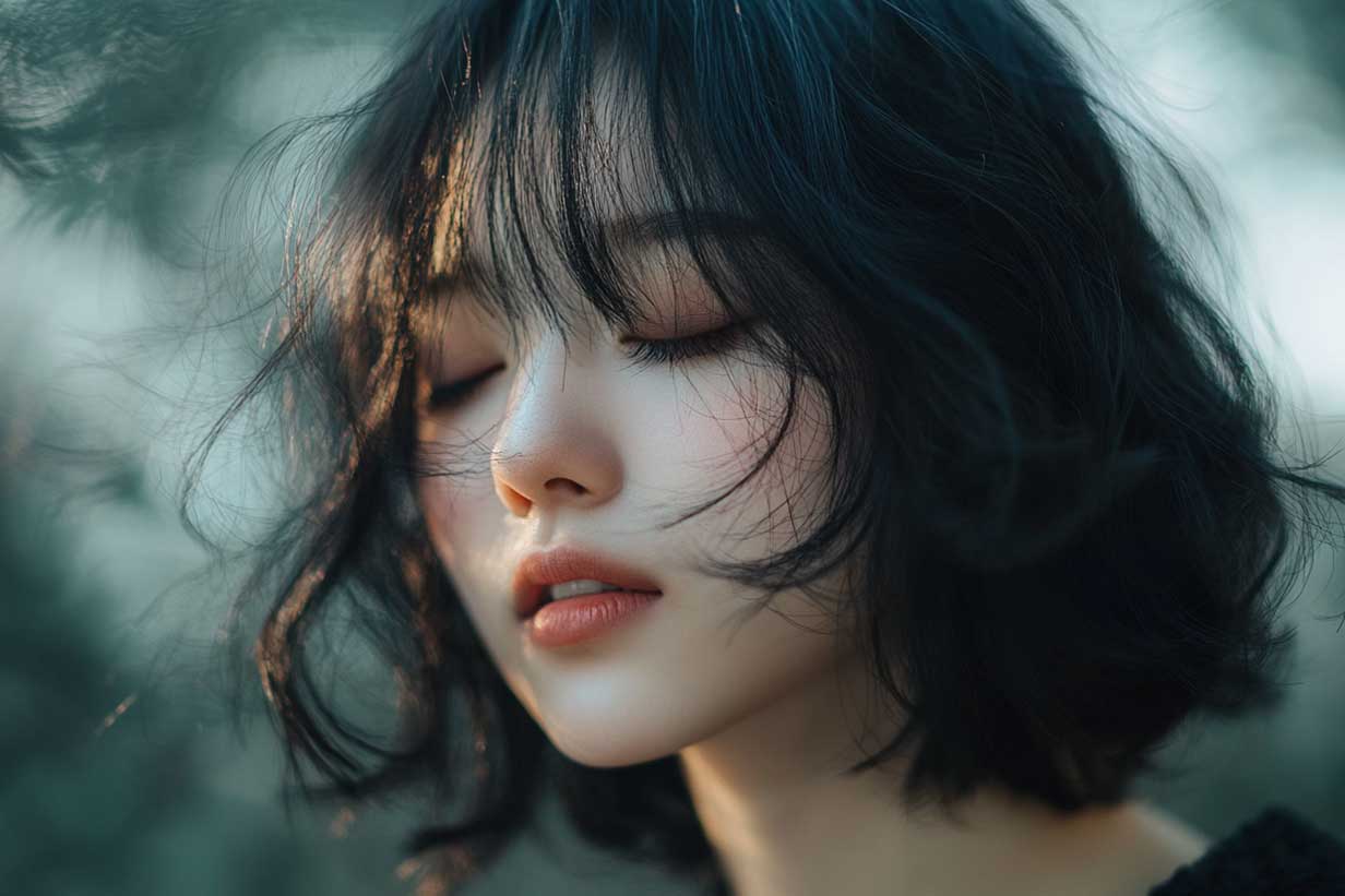 Full face capture emphasizing light play in the hair.