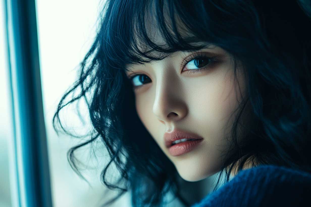 Side profile showing loose waves and curved bangs.
