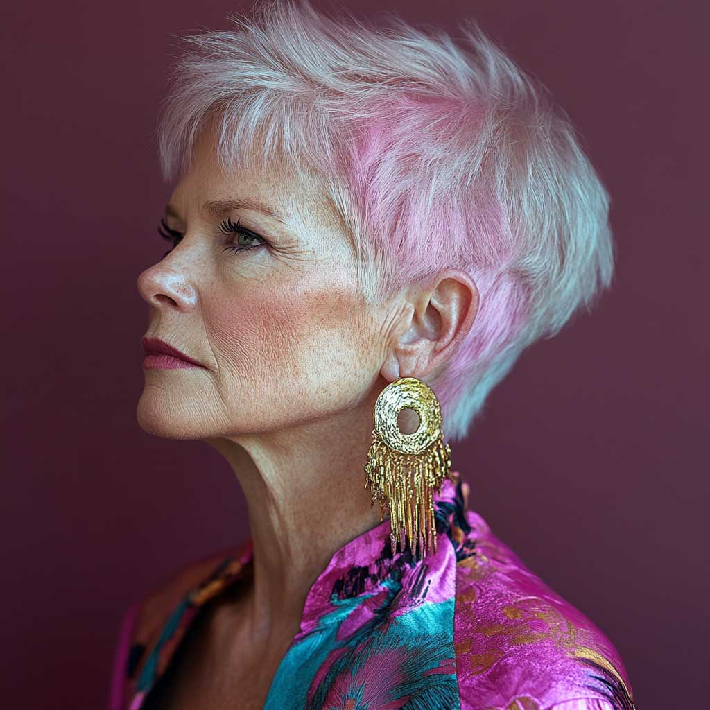 older woman with a circular short halo haircut, pastel pink all-over glaze with shine, fashion-forward look, studio background, bold earrings, side pose