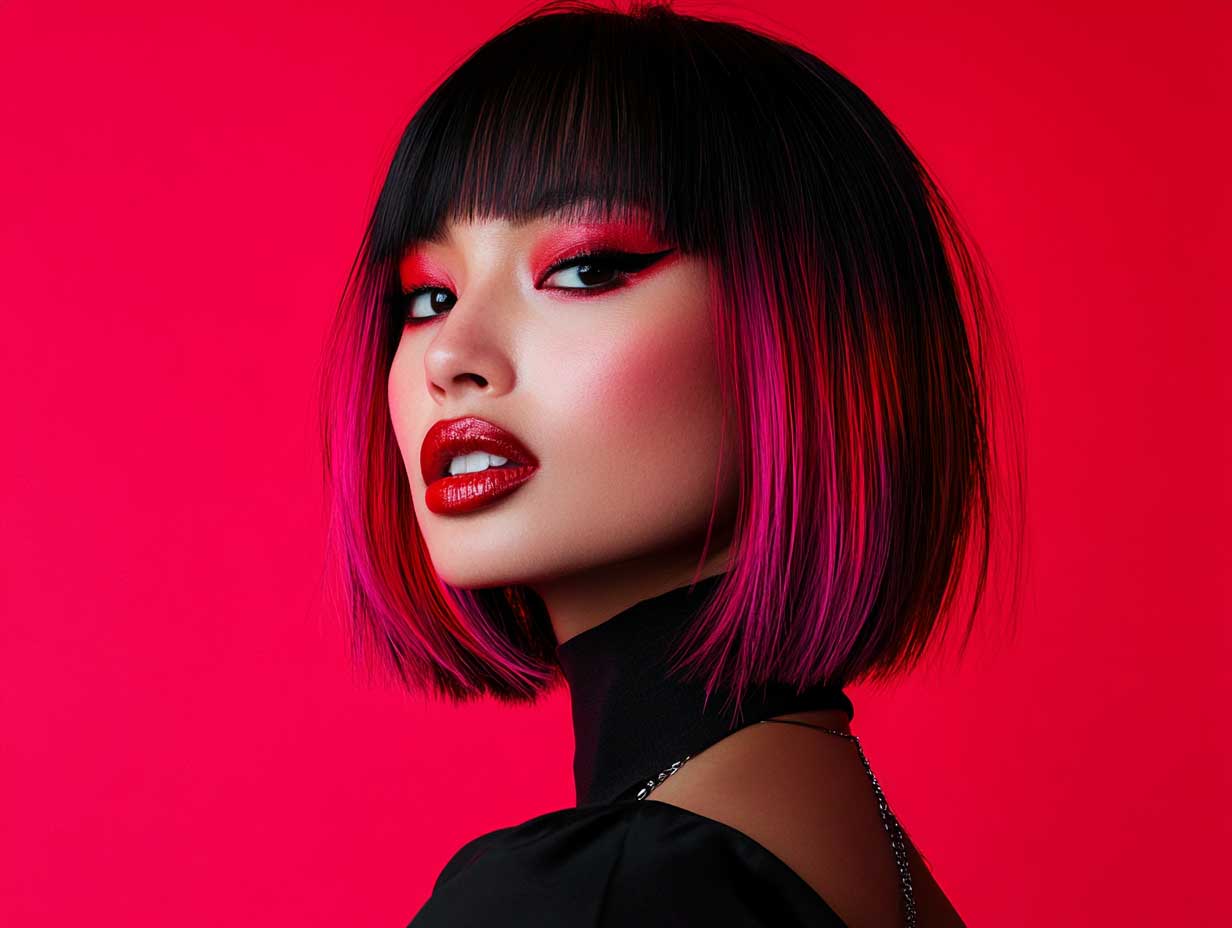 editorial photo of a woman with a blunt cut medium bob with bangs, bright fuchsia edges with dark roots, high-contrast lighting, studio background, edgy urban styling, dramatic expression