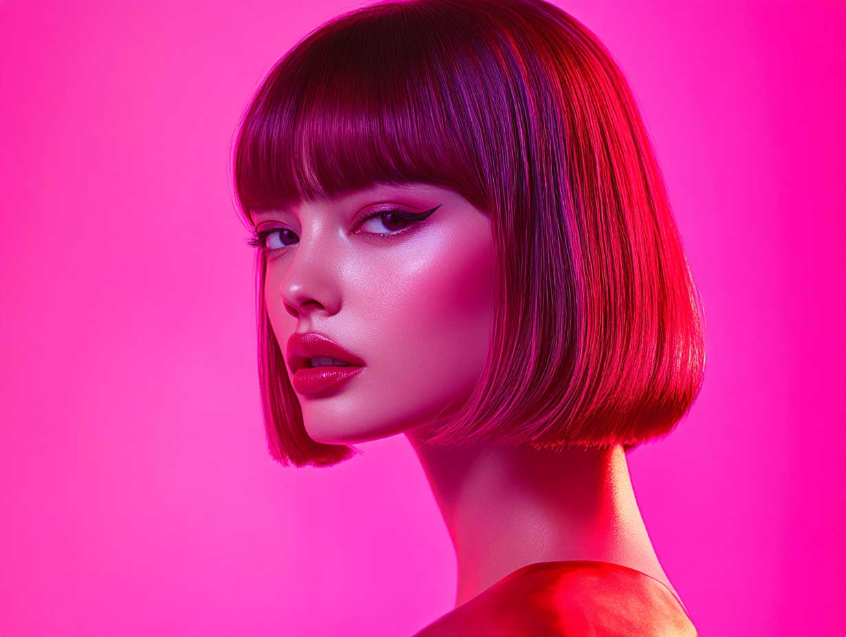 studio portrait of a model with a sleek medium bob with bangs in vibrant fuchsia hair, glossy texture, soft lighting, minimal background, high fashion vibe, symmetrical face, beauty photography