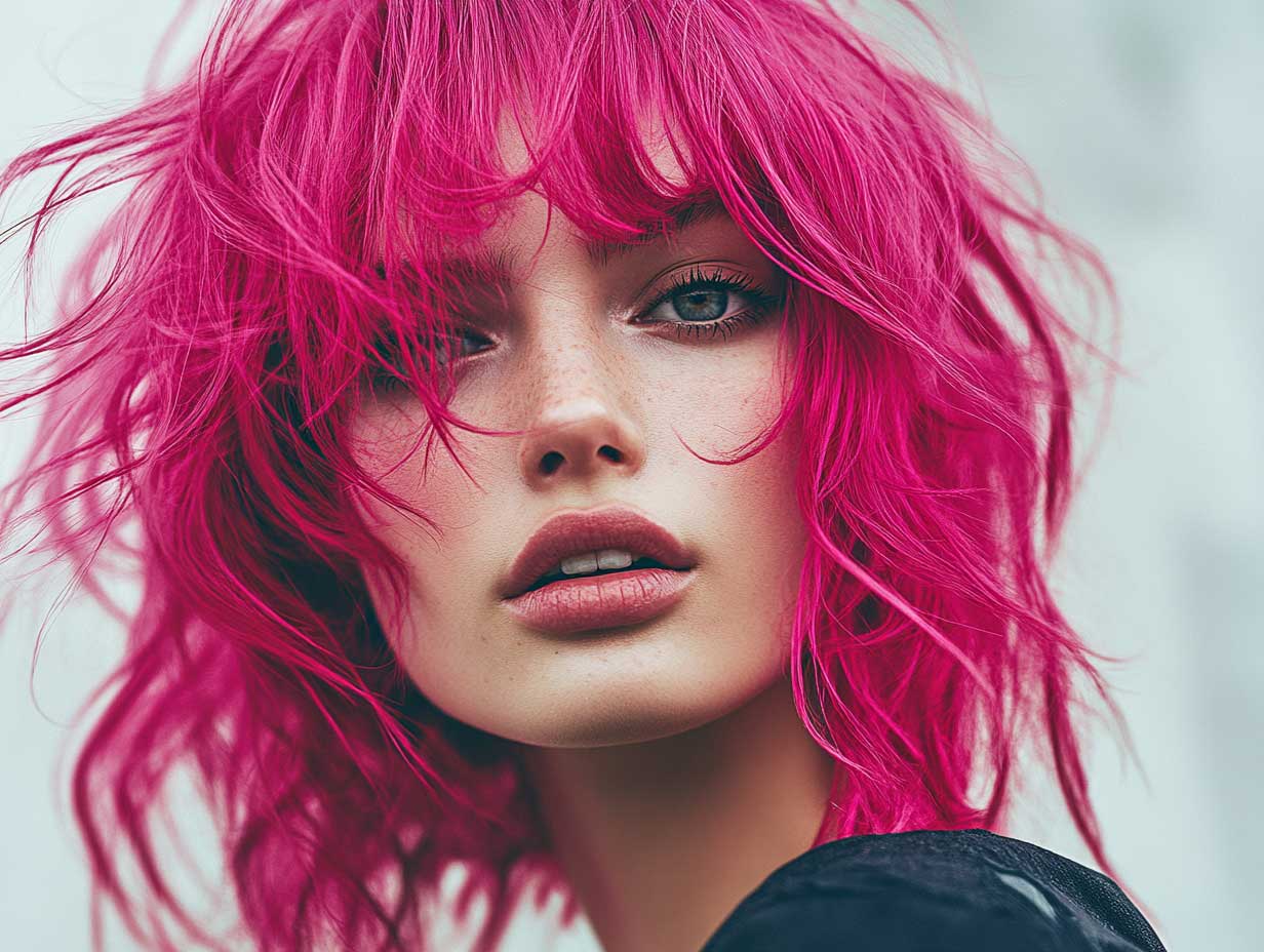 fashion model with tousled medium bob with bangs in bright fuchsia hair, wind-blown style, outdoor natural light, wearing casual chic clothing, magazine-style photography, soft background blur