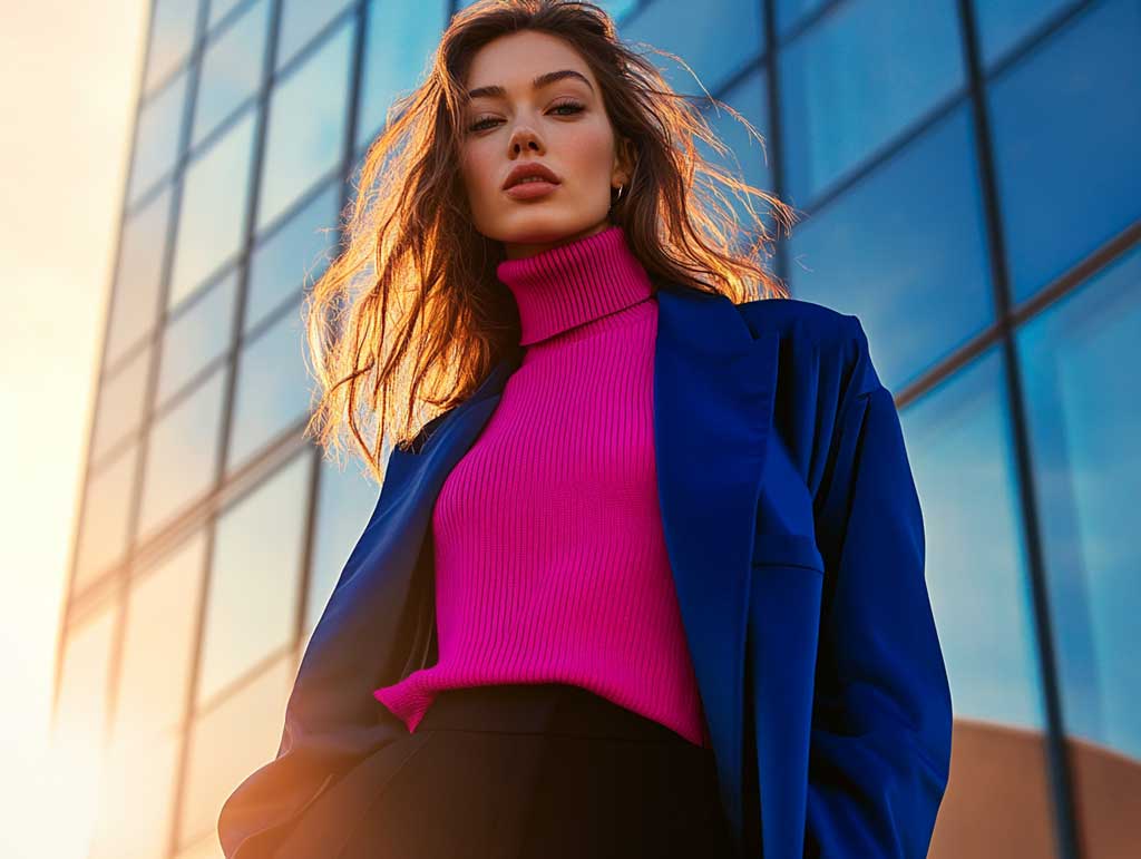 Outdoor fashion editorial, full-body female model standing in front of modern architecture, wearing a fuchsia turtleneck sweater layered under a cobalt blue structured jacket, black trousers, windswept hair, golden hour lighting
