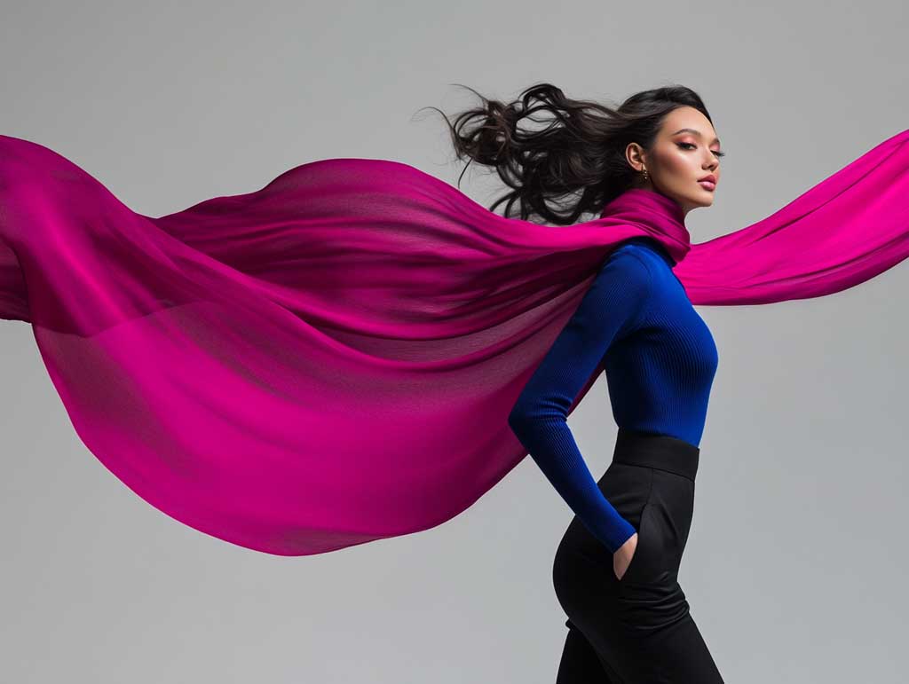 Studio fashion photography, full-body female model in a cobalt blue fitted turtleneck and black tailored pants, layered with a long fuchsia scarf draped over shoulders, simple pose, neutral background, soft lighting