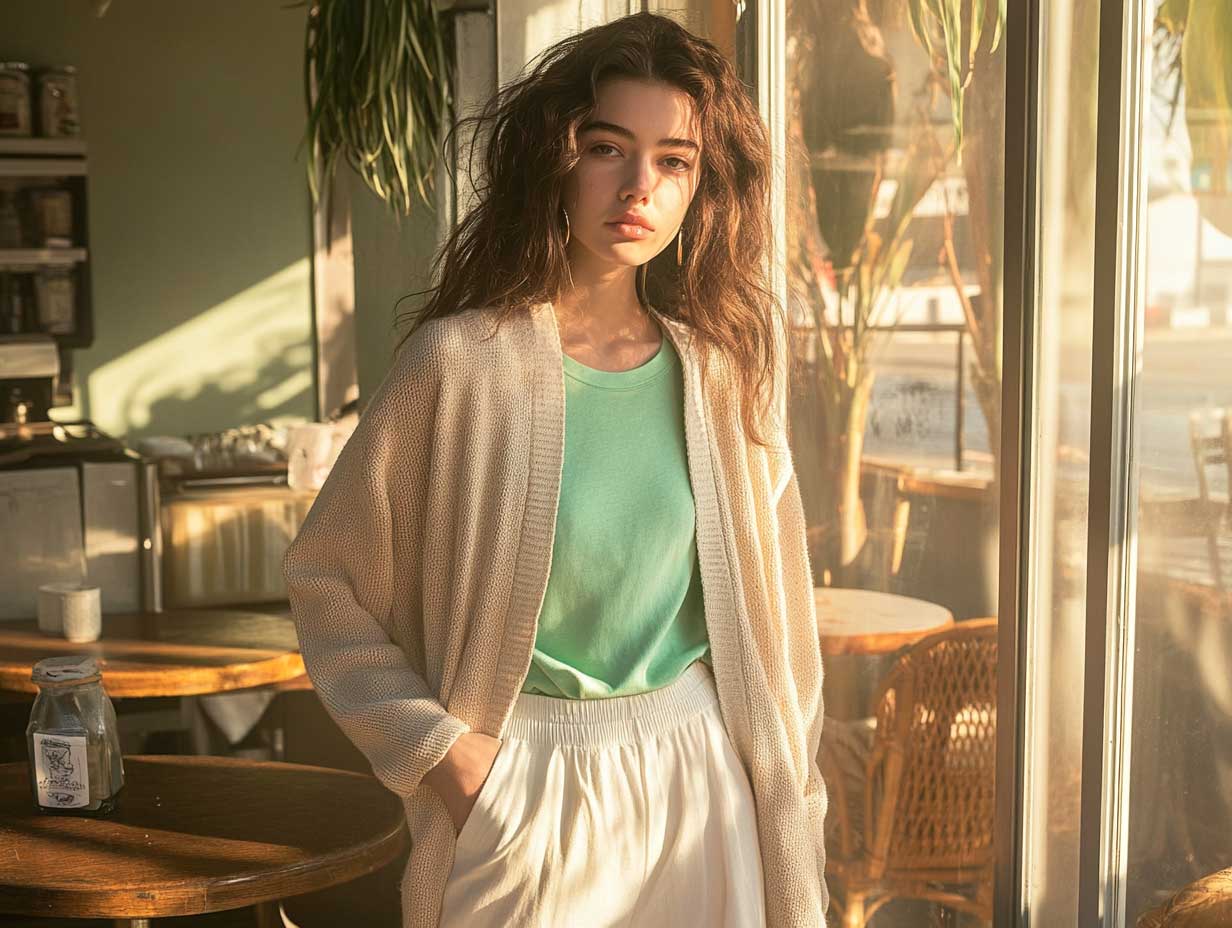 Soft lifestyle image featuring white trousers outfit ideas, mint tee tucked into high-waist pants and beige draped cardigan
