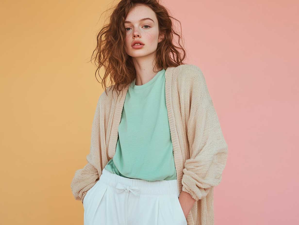 White trousers outfit ideas with boxy mint tee and beige cropped cardigan, full-body photo, soft indoor light
