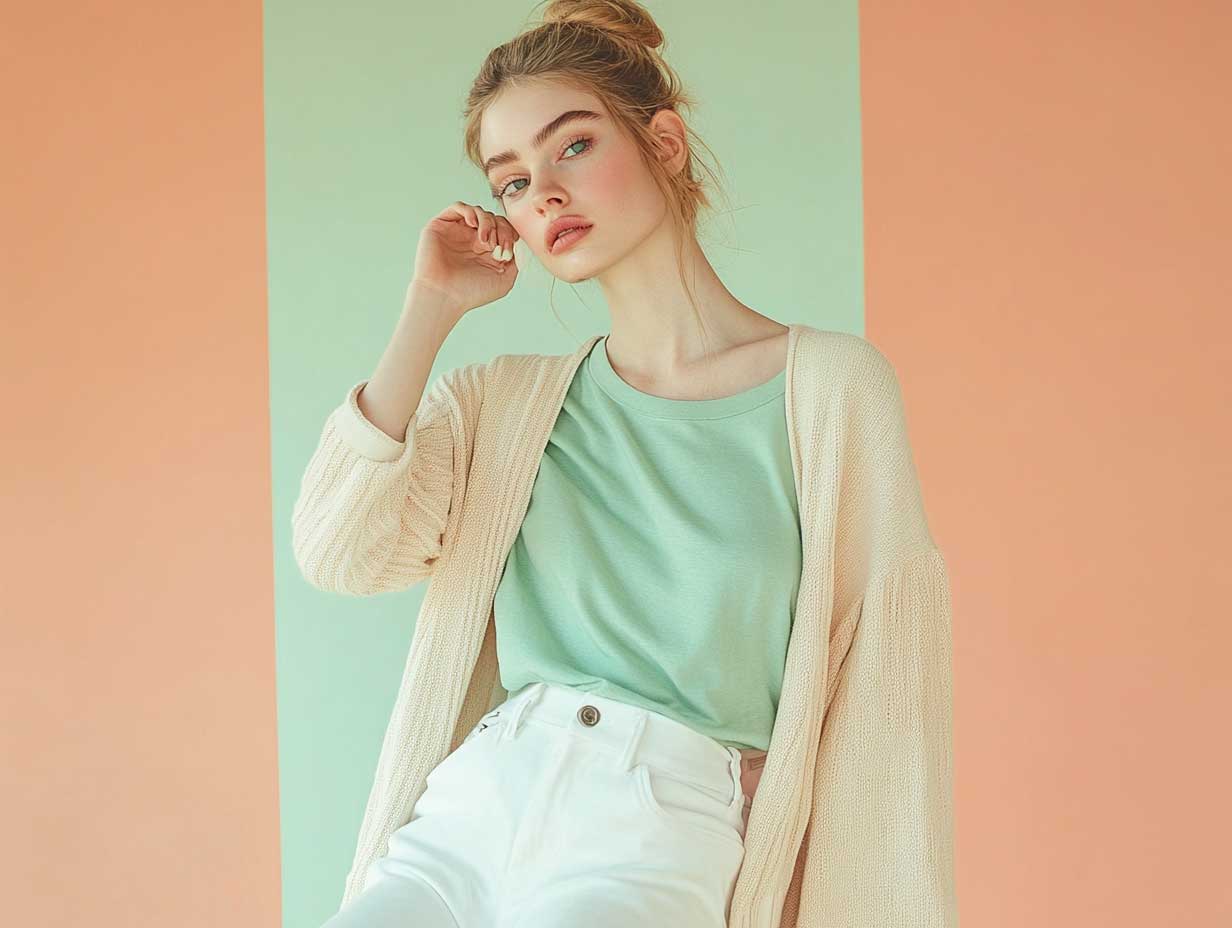 Urban chic look featuring white trousers outfit ideas, oversized mint green top, and short beige knit cardigan, neutral palette
