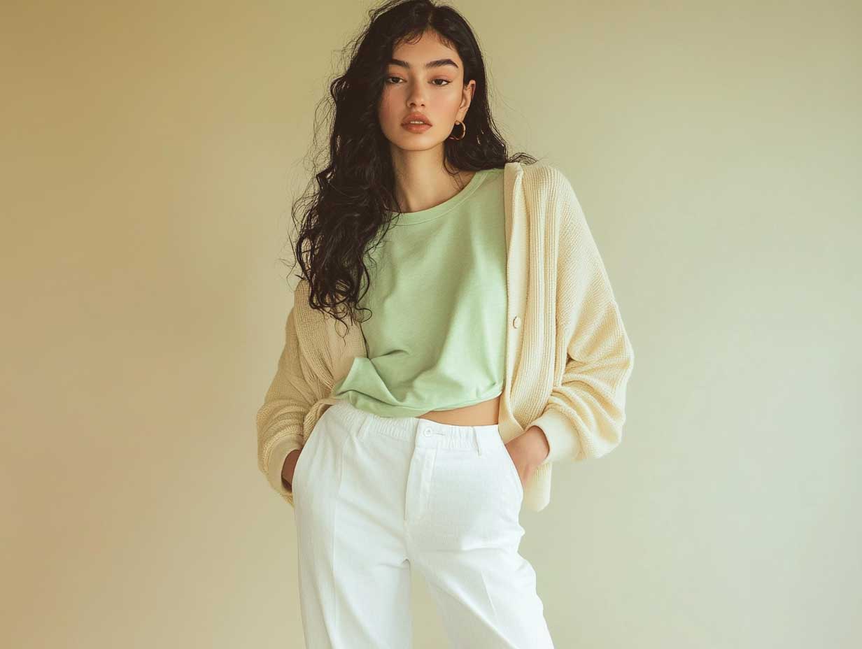 Editorial outfit with white trousers outfit ideas, loose mint tee and beige cropped knit, standing relaxed pose