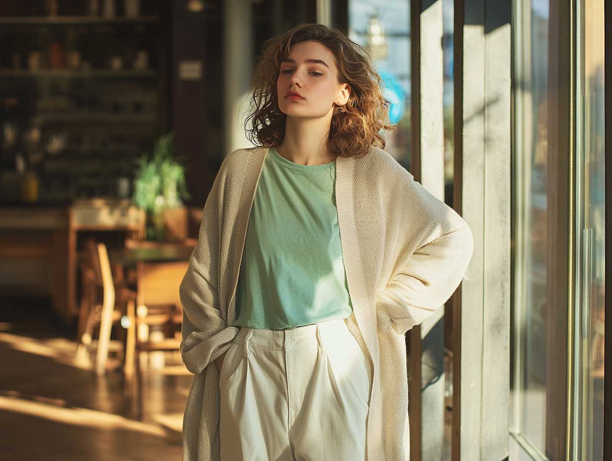 Relaxed look with white trousers outfit ideas styled with mint tee and long cardigan, urban cafe table in the background