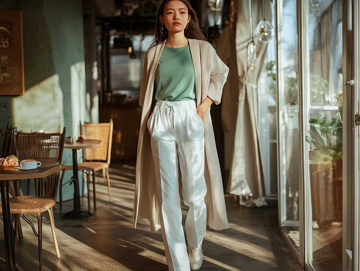White trousers outfit ideas with tucked mint green t-shirt and flowing beige cardigan, holding coffee cup, casual scene
