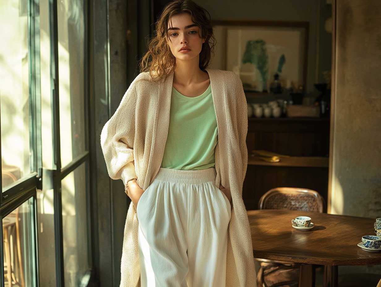 Fashion model wearing high-rise white trousers, mint green tee tucked in, long beige waterfall cardigan, standing in cafe setting, morning sunlight
