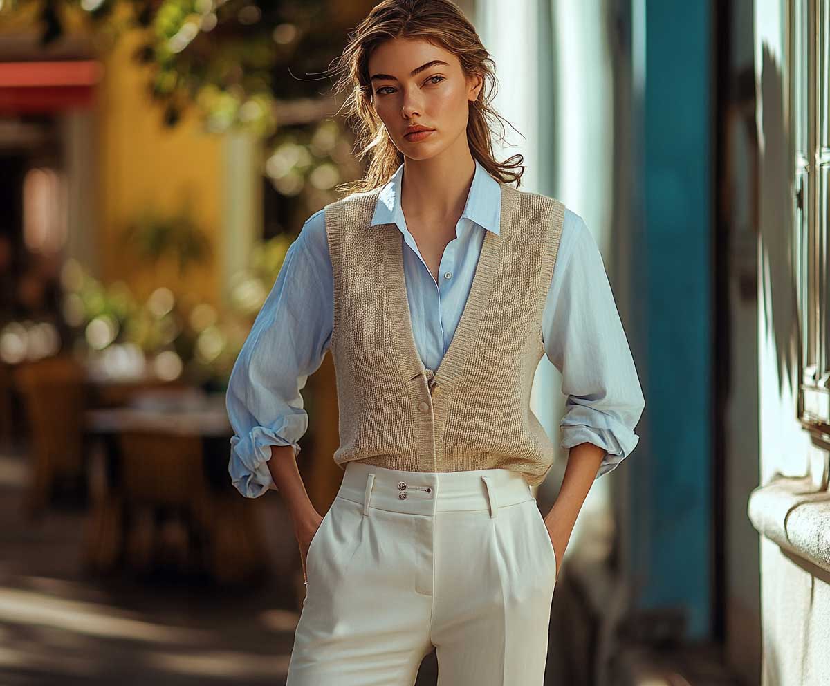 4+ White Trousers Outfit Ideas Featuring Beige Knit Vests and Pale Blue Shirts