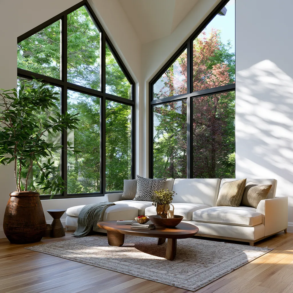black-framed big picture window with garden view