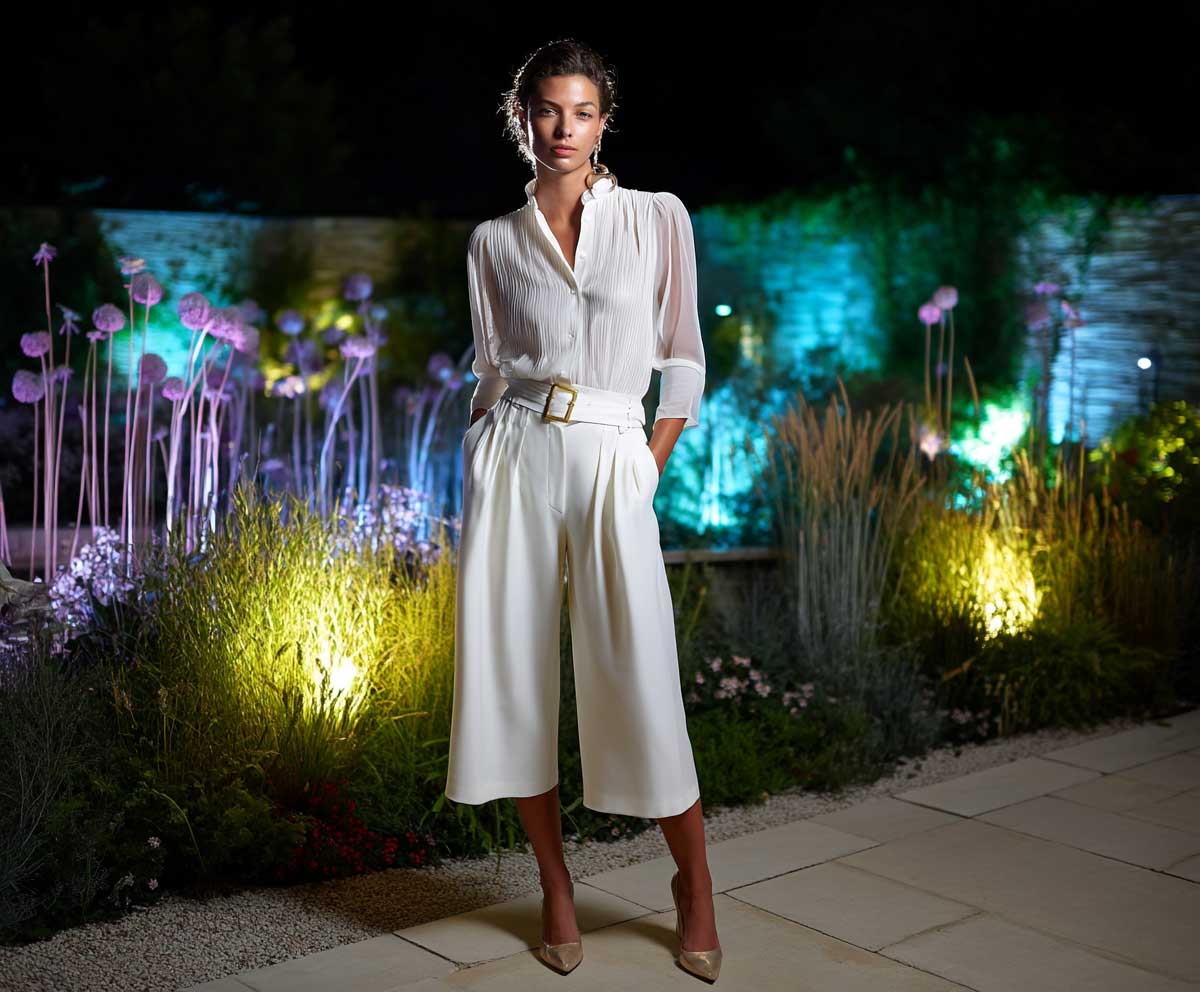 Chic woman at a garden cocktail party, wearing a structured organza sheer white blouse tucked into belted white culotte pants, dramatic lighting, modern garden with floral lights, elegant heels, full-length editorial photograph