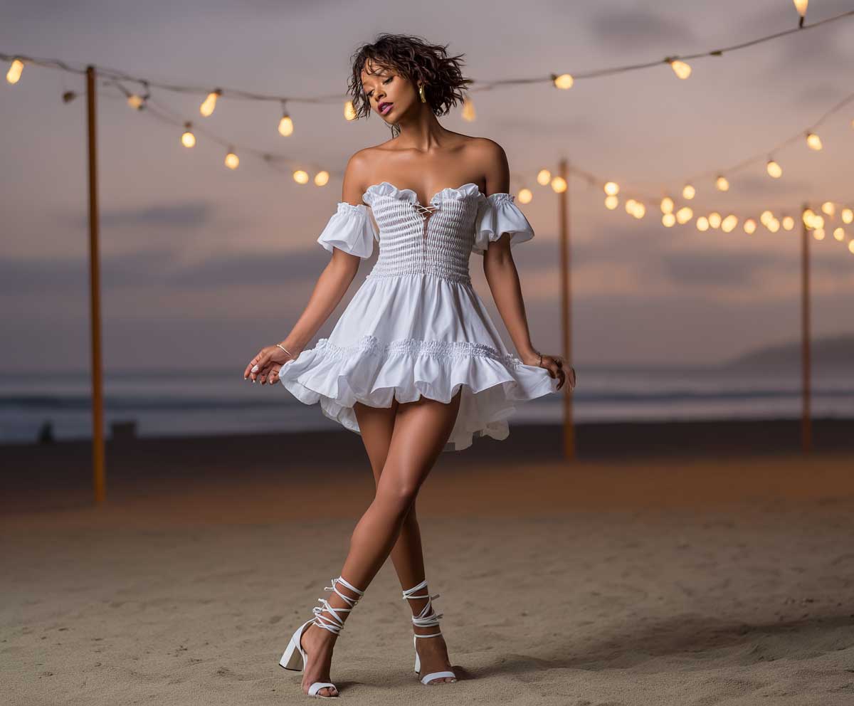 Chic woman at a twilight beach party, wearing an off-shoulder white ruffle mini dress and strappy white block heels, ocean breeze, string lights in the background, soft golden hour tones, full-length fashion photography