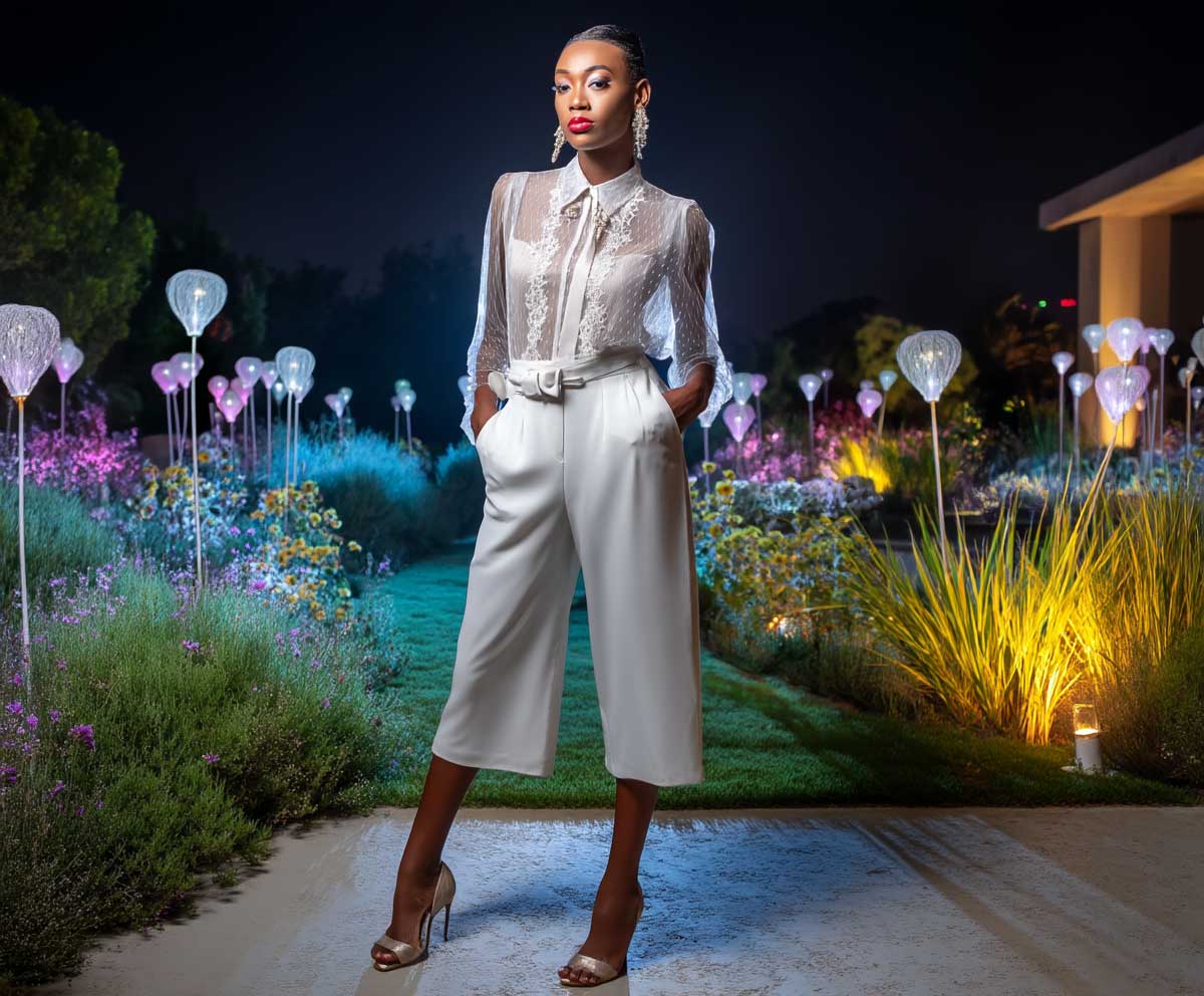 Chic woman at a garden cocktail party, wearing a structured organza sheer white blouse tucked into belted white culotte pants, dramatic lighting, modern garden with floral lights, elegant heels, full-length editorial photograph