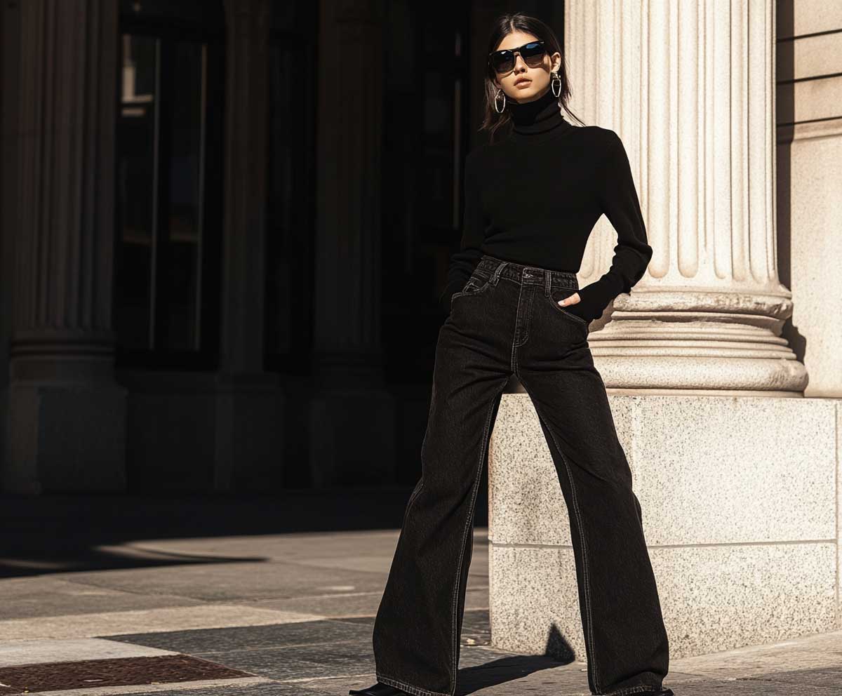 fashion editorial photo of a model in all-black outfit with baggy jeans, black turtleneck, and sleek sunglasses, minimal background, high-contrast lighting, city street setting, modern streetwear focus