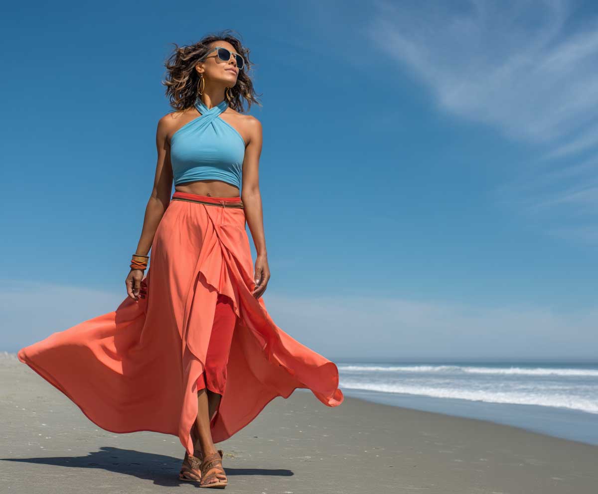 studio-quality full-length photo of a stylish woman wearing a flowing coral pink wrap skirt and an ocean blue halter top, standing on a sandy beach at golden hour, soft sunlight, light breeze, natural makeup, wavy brown hair, chic summer accessories, high fashion beachwear, professional editorial style