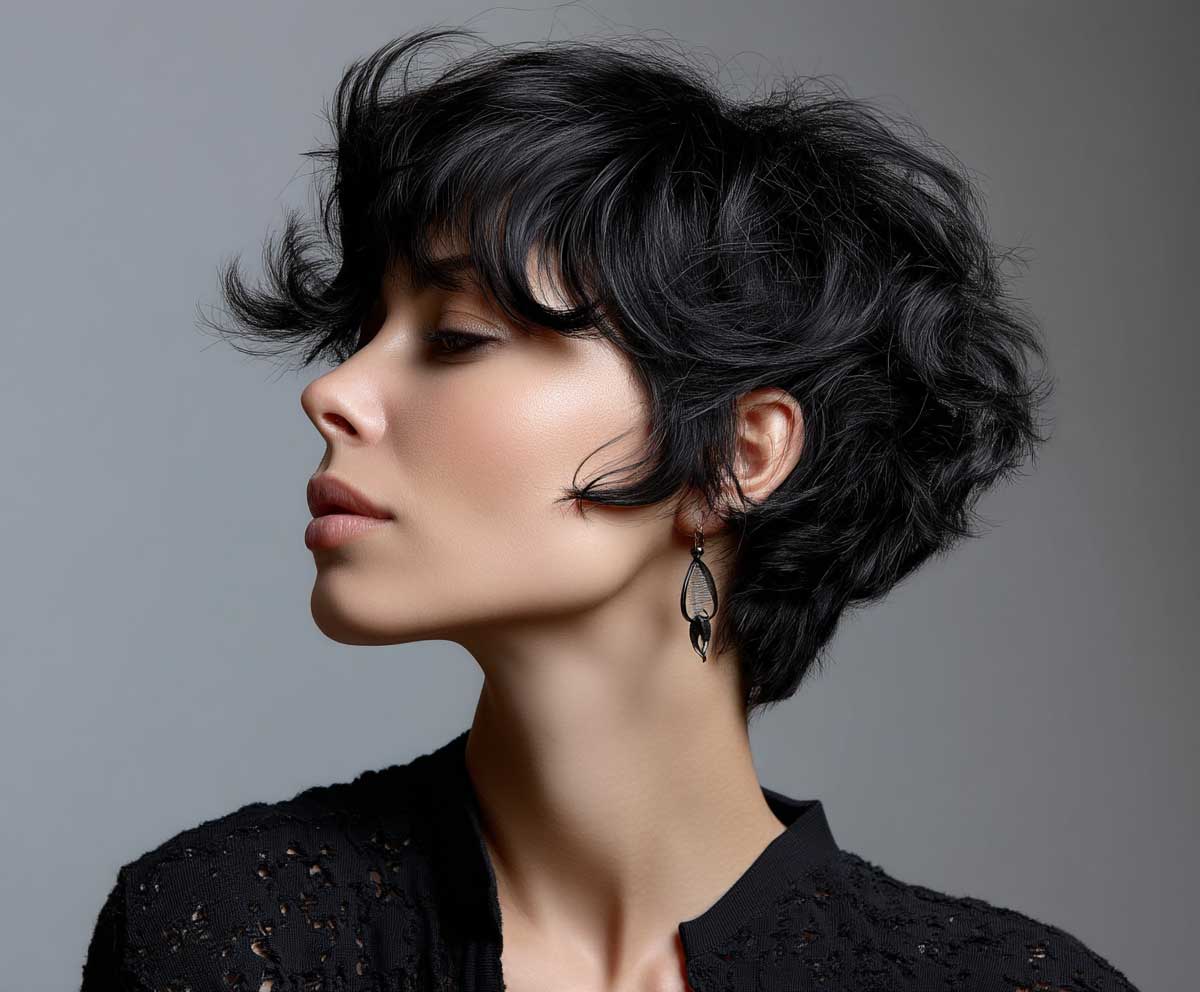 model with jet black pixie cut transformed with beach wave perm, close-up profile, high contrast lighting, edgy vibe, minimal background, wind effect, soft waves