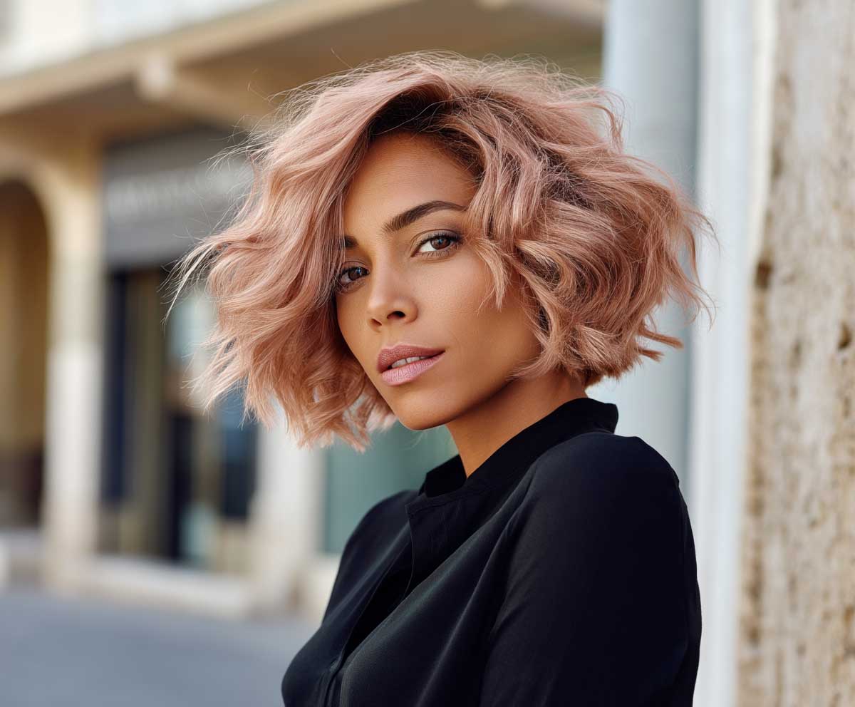 woman with rose gold short hair styled in soft beach wave perm, tousled ends, light makeup, modern urban setting, warm daylight, shoulder-up portrait, fashion-forward