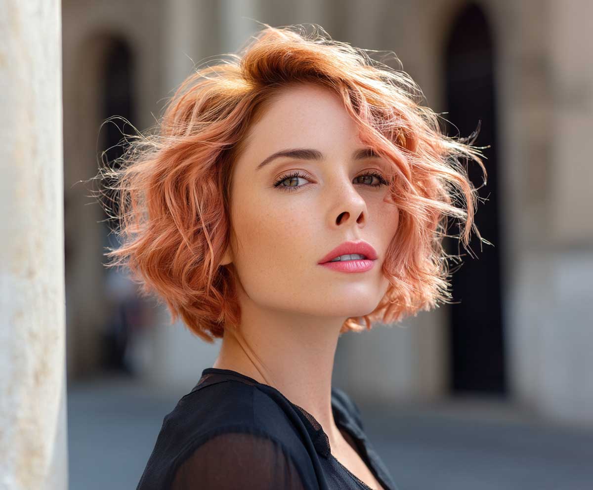 woman with rose gold short hair styled in soft beach wave perm, tousled ends, light makeup, modern urban setting, warm daylight, shoulder-up portrait, fashion-forward