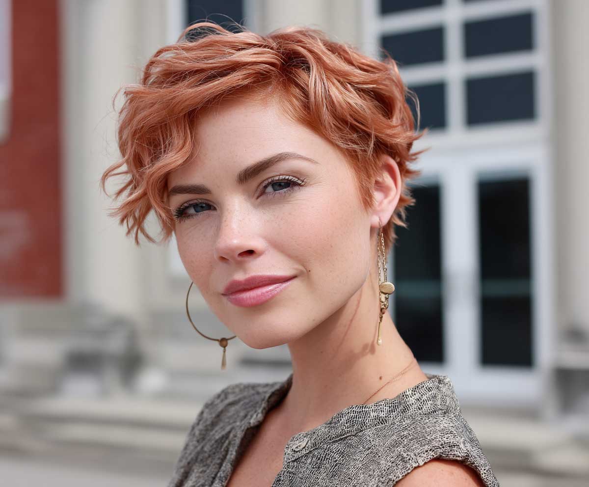 woman with rose gold short hair styled in soft beach wave perm, tousled ends, light makeup, modern urban setting, warm daylight, shoulder-up portrait, fashion-forward