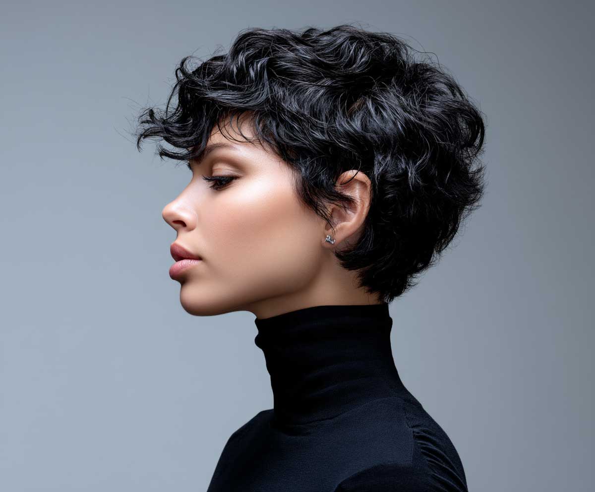 model with jet black pixie cut transformed with beach wave perm, close-up profile, high contrast lighting, edgy vibe, minimal background, wind effect, soft waves