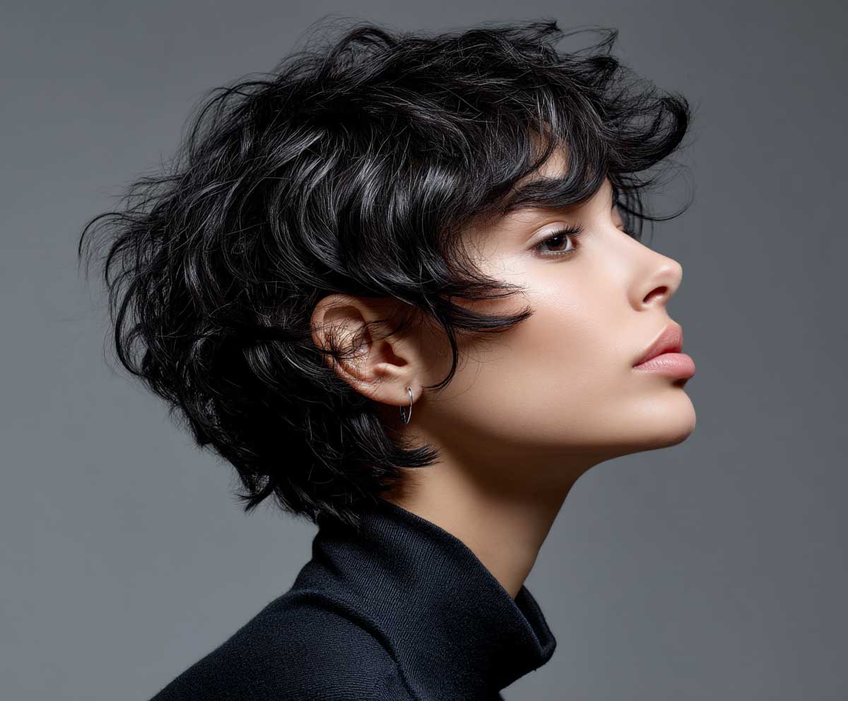 model with jet black pixie cut transformed with beach wave perm, close-up profile, high contrast lighting, edgy vibe, minimal background, wind effect, soft waves