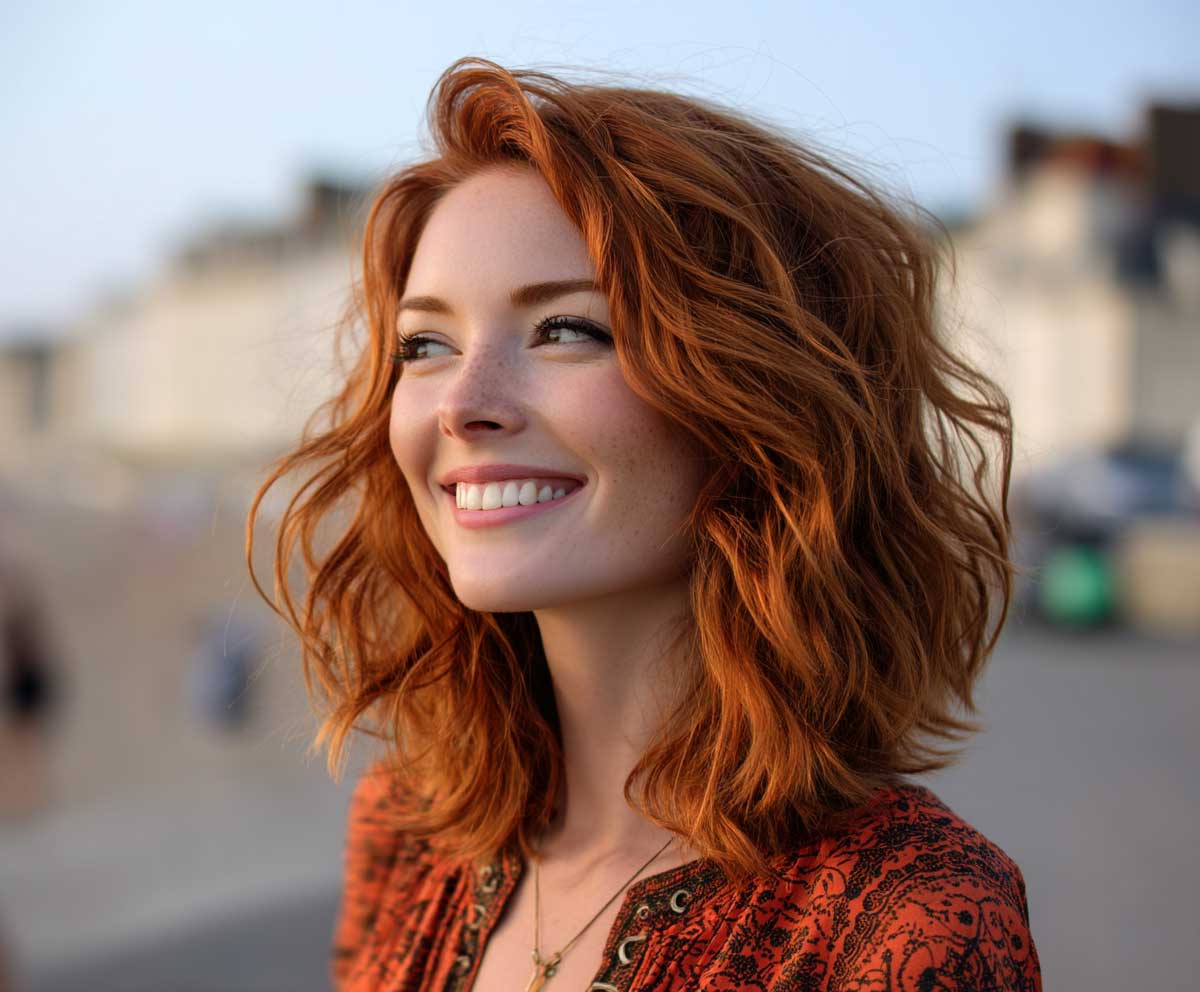 auburn red fine hair styled in a beach wave perm, medium length, windblown effect, soft layers, smiling model outdoors, golden hour lighting, cinematic tone