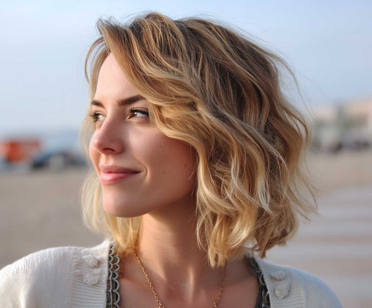 shoulder-length honey blonde short haircut with beach wave perm, textured layers, golden hour light, casual outfit, natural background, playful look