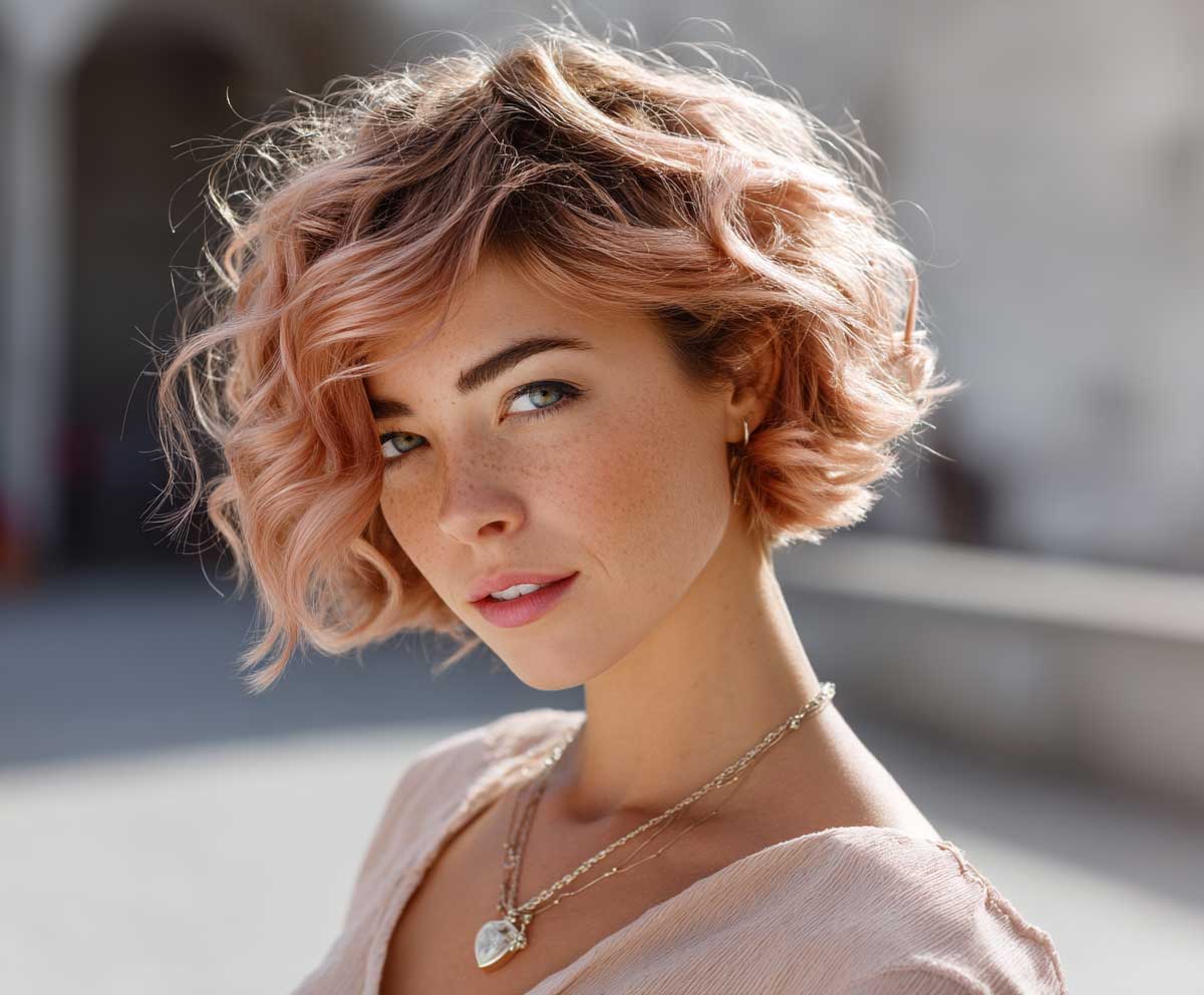 woman with rose gold short hair styled in soft beach wave perm, tousled ends, light makeup, modern urban setting, warm daylight, shoulder-up portrait, fashion-forward