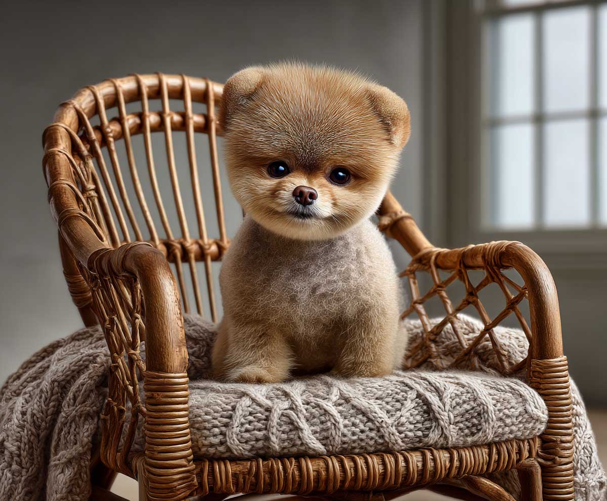 Pomeranian puppy with compact teddy bear cut, thick short fur all over, symmetrical grooming, sitting on a wicker chair with cozy knit cushion, daylight studio, hyperreal fur detail, soft focus