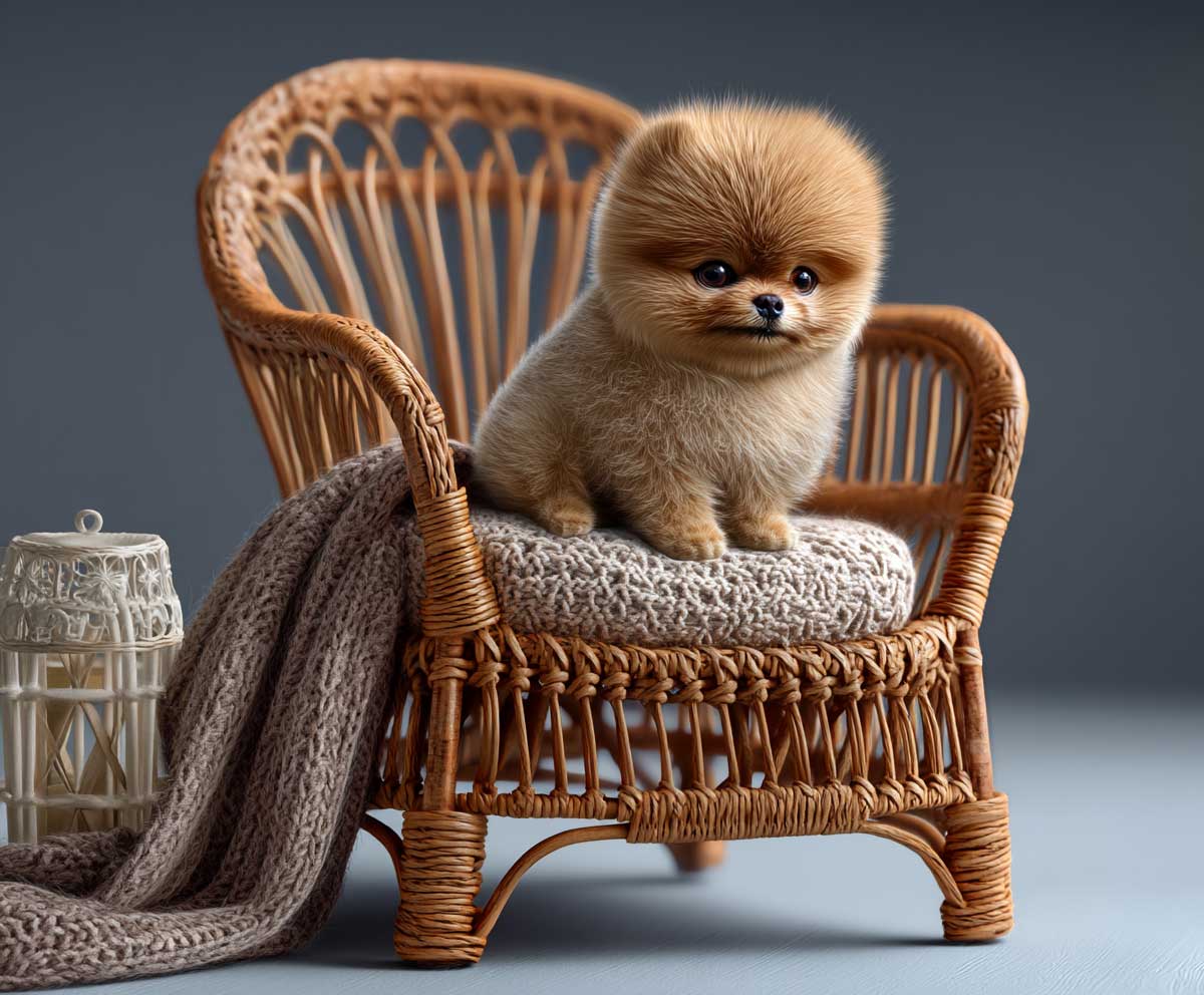 Pomeranian puppy with compact teddy bear cut, thick short fur all over, symmetrical grooming, sitting on a wicker chair with cozy knit cushion, daylight studio, hyperreal fur detail, soft focus