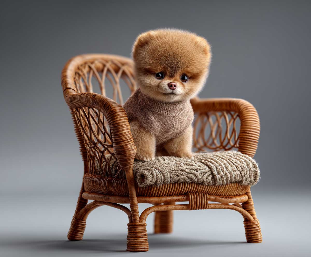 Pomeranian puppy with compact teddy bear cut, thick short fur all over, symmetrical grooming, sitting on a wicker chair with cozy knit cushion, daylight studio, hyperreal fur detail, soft focus