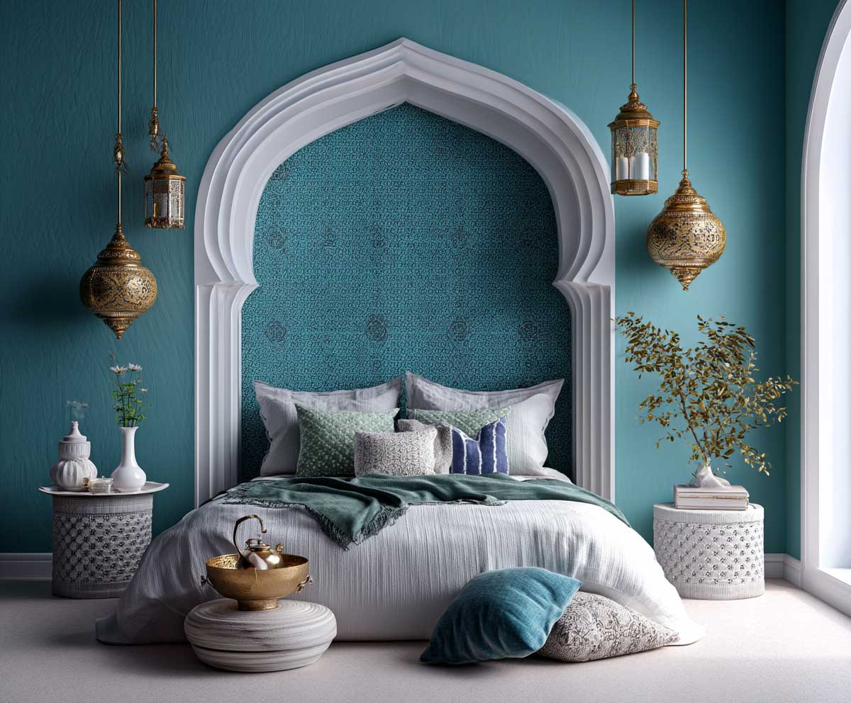 Moroccan tile patterned turquoise wallpaper, bedroom with arched headboard, brass lanterns, white and teal bedding, Mediterranean style interior