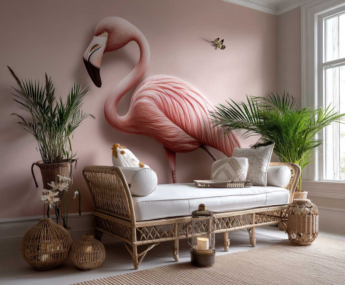 interior bedroom scene, coral pink flamingo wallpaper, tropical vintage style, white bed with rattan frame, sunny daylight, boho decor accents, styled photograph