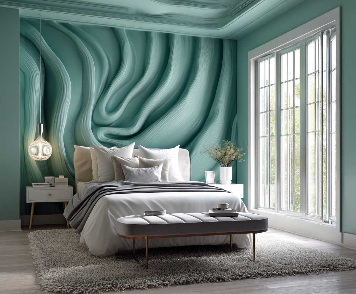 interior bedroom, abstract turquoise wallpaper with soft wavy lines, contemporary coastal decor, white bed linens, large window with sunlight, styled photo