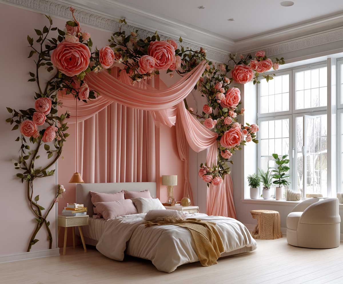 romantic bedroom interior, floral wallpaper in coral pink tones, large roses and vines, canopy bed with flowing curtains, soft natural light, feminine vintage aesthetic