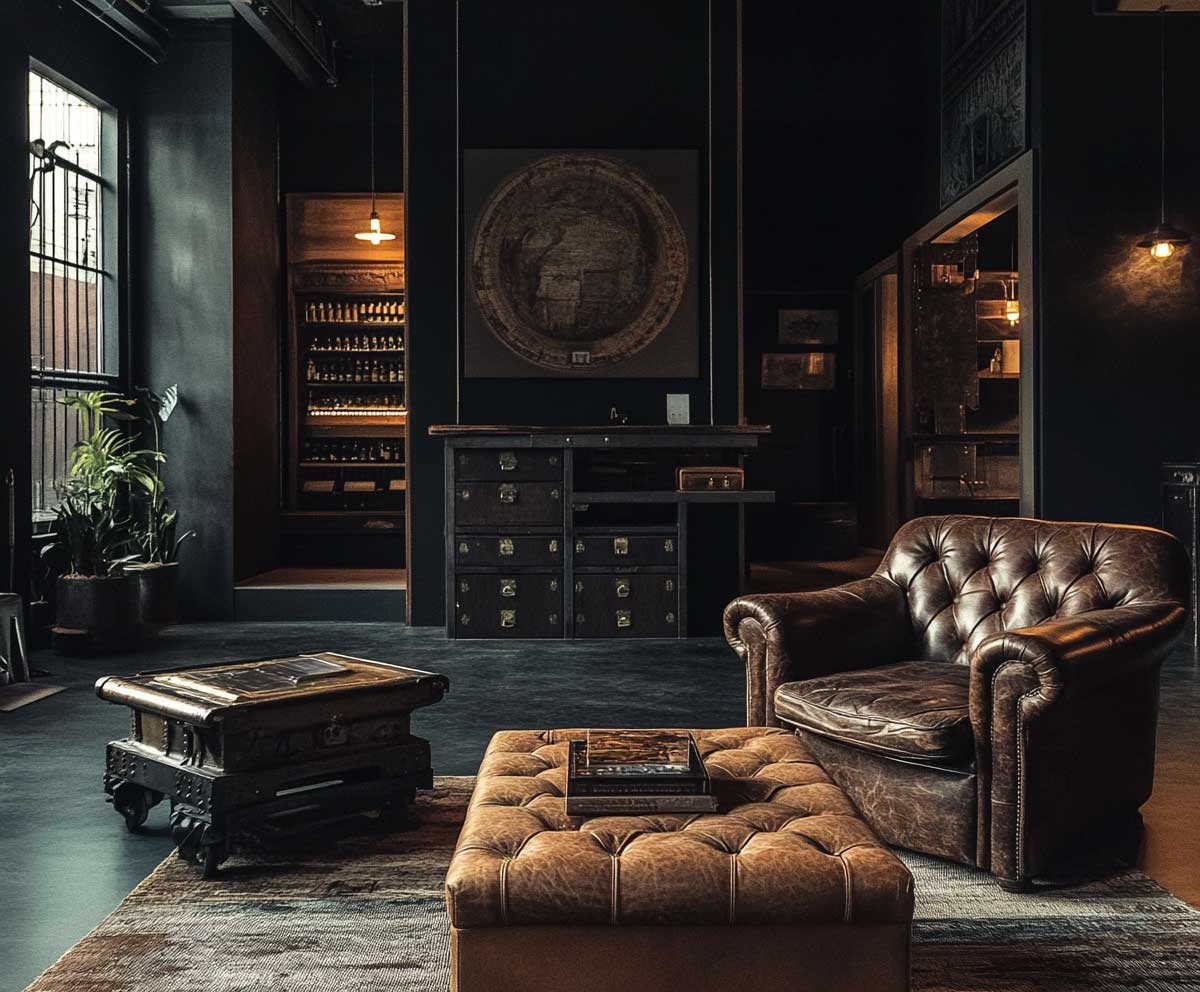 interior with black furniture and vintage brown leather accents, tufted leather armchair, industrial coffee table, dark walls, warm lighting, retro decor elements, moody aesthetic