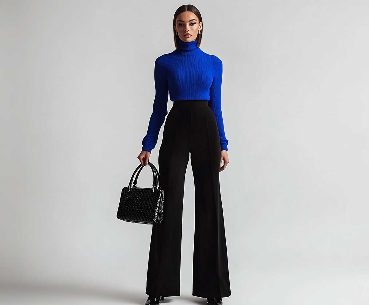 full-length female model wearing a fitted royal blue turtleneck paired with high-waisted black wide-leg trousers, holding a structured black leather handbag, minimalist makeup, standing in a clean white studio, high-fashion lighting
