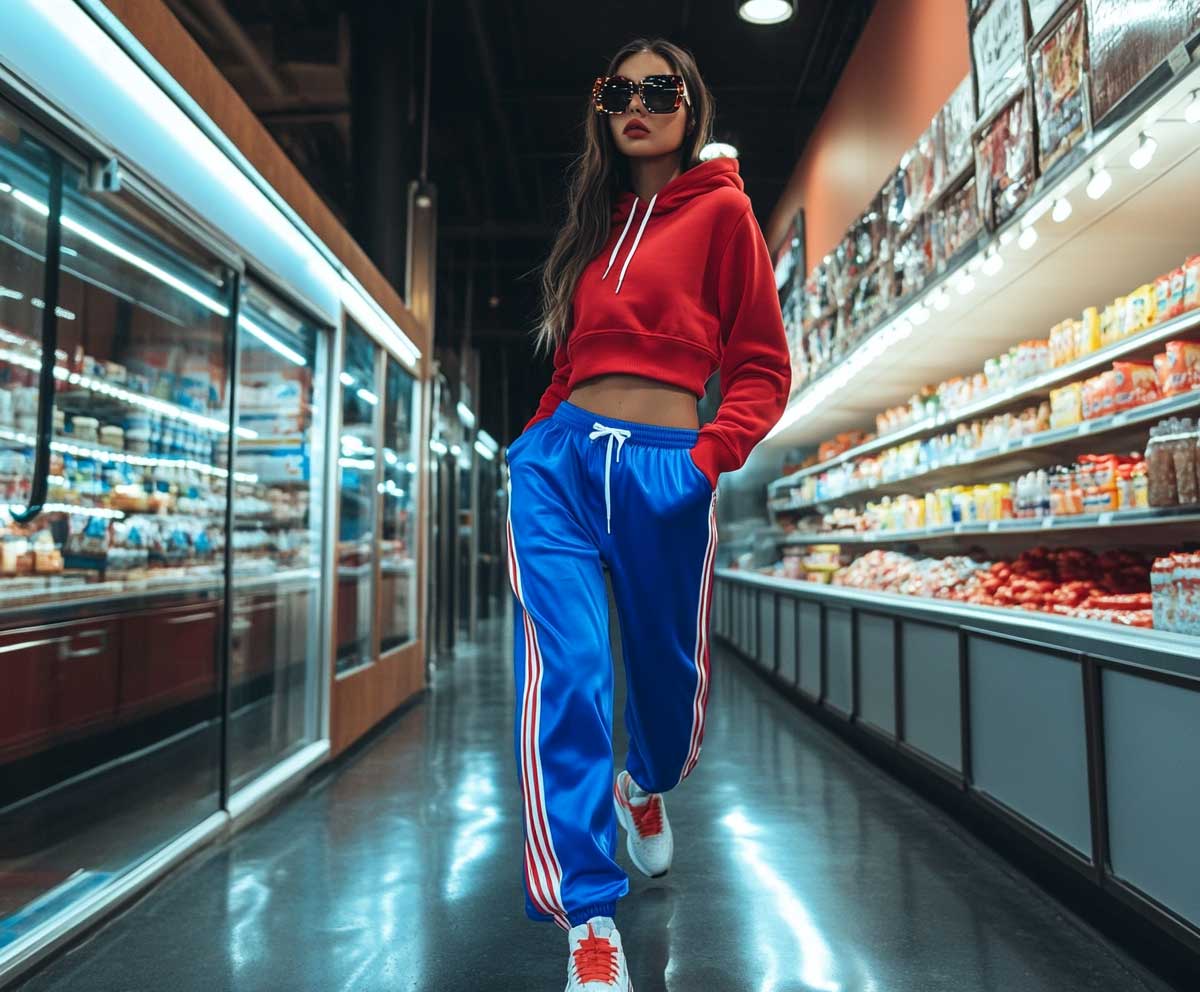 full-length supermodel walking through an ultra-fashionable urban grocery interior, wearing blue jogger pants with red racing stripes, cropped red hoodie, chunky sneakers, oversized sunglasses, casual athleisure look, stylish lighting