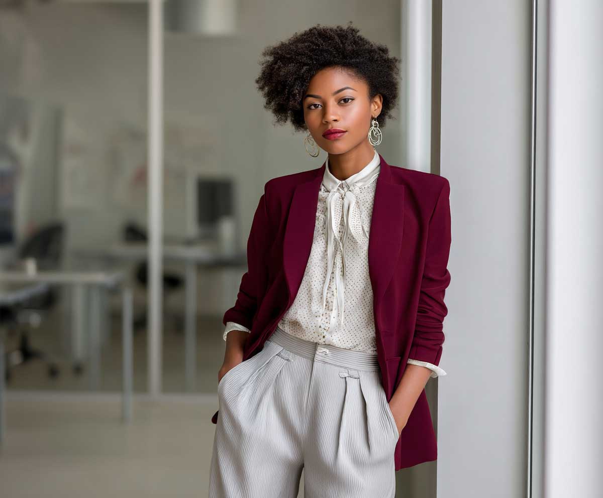confident female model wearing burgundy tailored blazer, white blouse, light gray wide leg pants, professional office environment, minimal accessories, soft lighting, modern business casual fashion