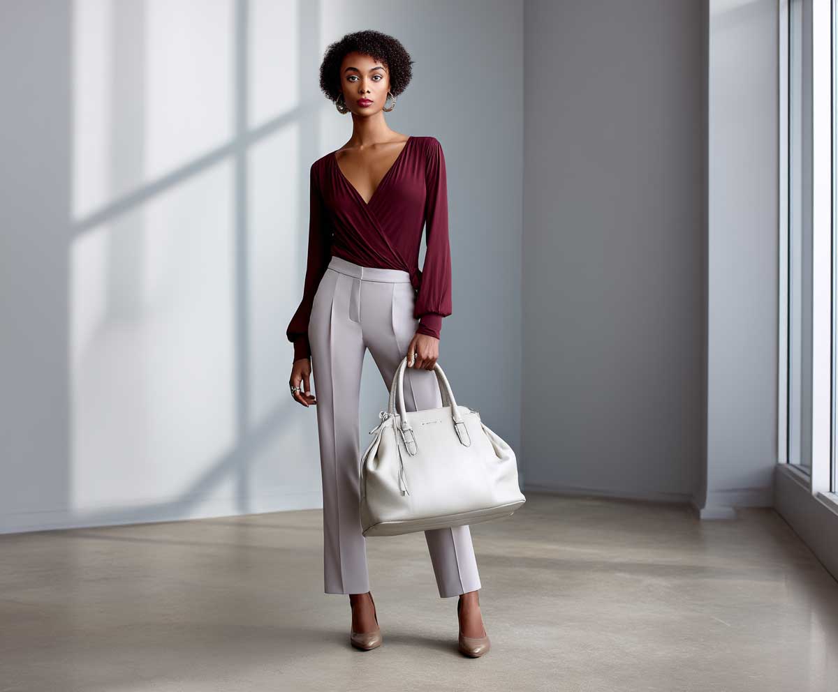 fashionable female model wearing burgundy wrap top with light gray straight leg trousers, carrying a structured leather tote, soft modern office setting, clean lighting, relaxed yet polished style