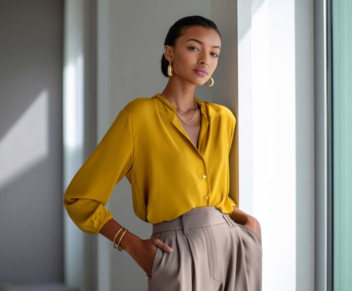 confident female model wearing mustard yellow blouse with soft taupe high waisted trousers, subtle gold jewelry, minimal professional setting, soft shadows, natural light, modern business casual fashion