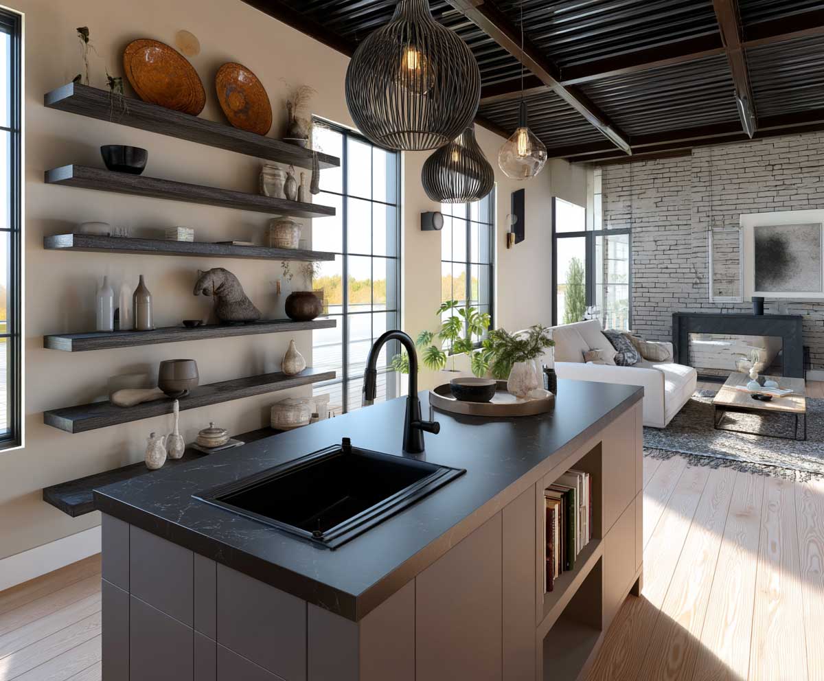 cashmere-colored kitchen island in an open living area, matte black sink and faucet, sleek open shelving with ceramic decor, ambient pendant lighting, industrial soft loft style, ultra-detailed rendering, bright but warm interior tone