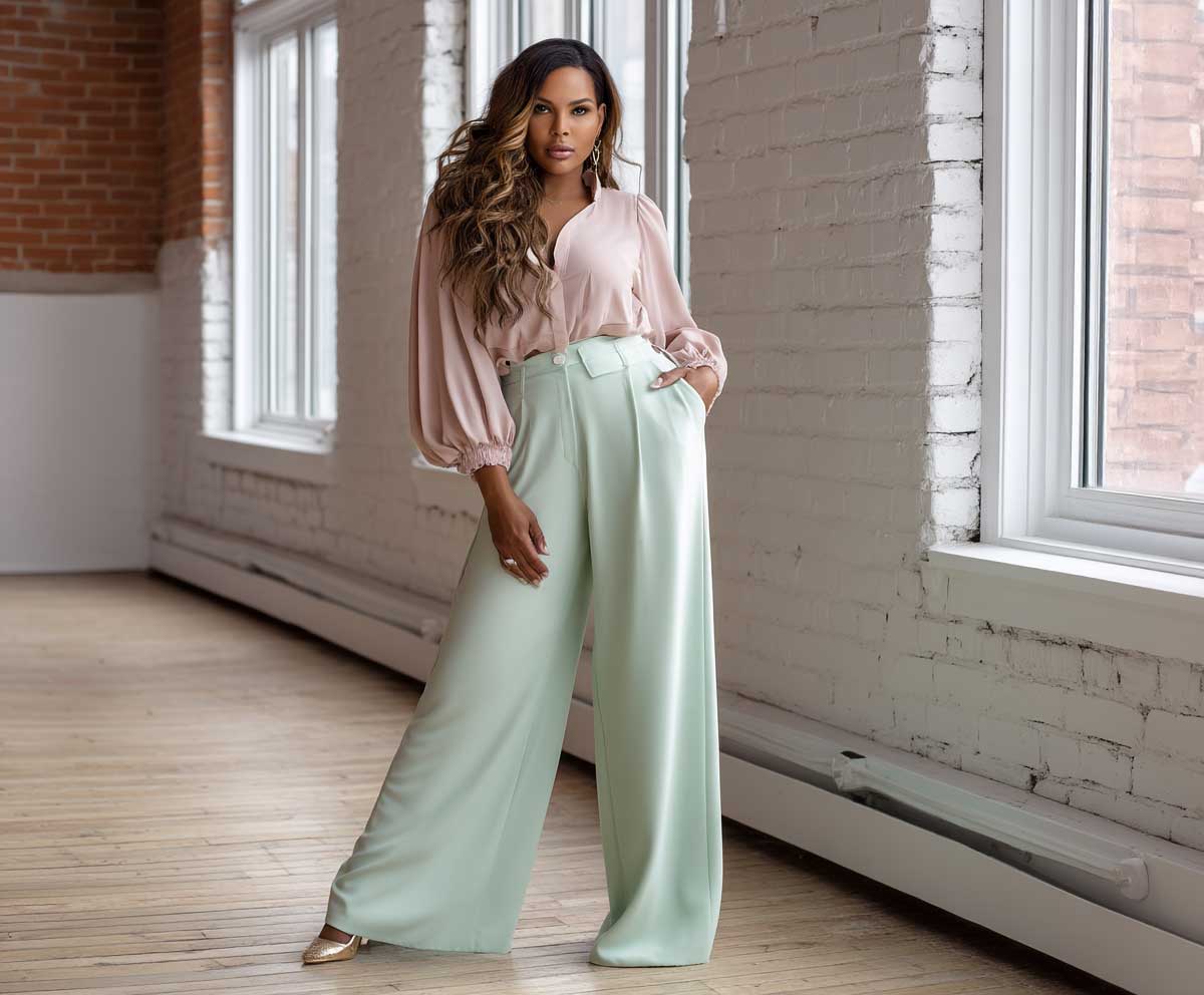 full-length supermodel in mint green wide-leg pants and blush pink blouse, chic modern loft interior, soft natural lighting, fashionable curvy outfit, confident pose