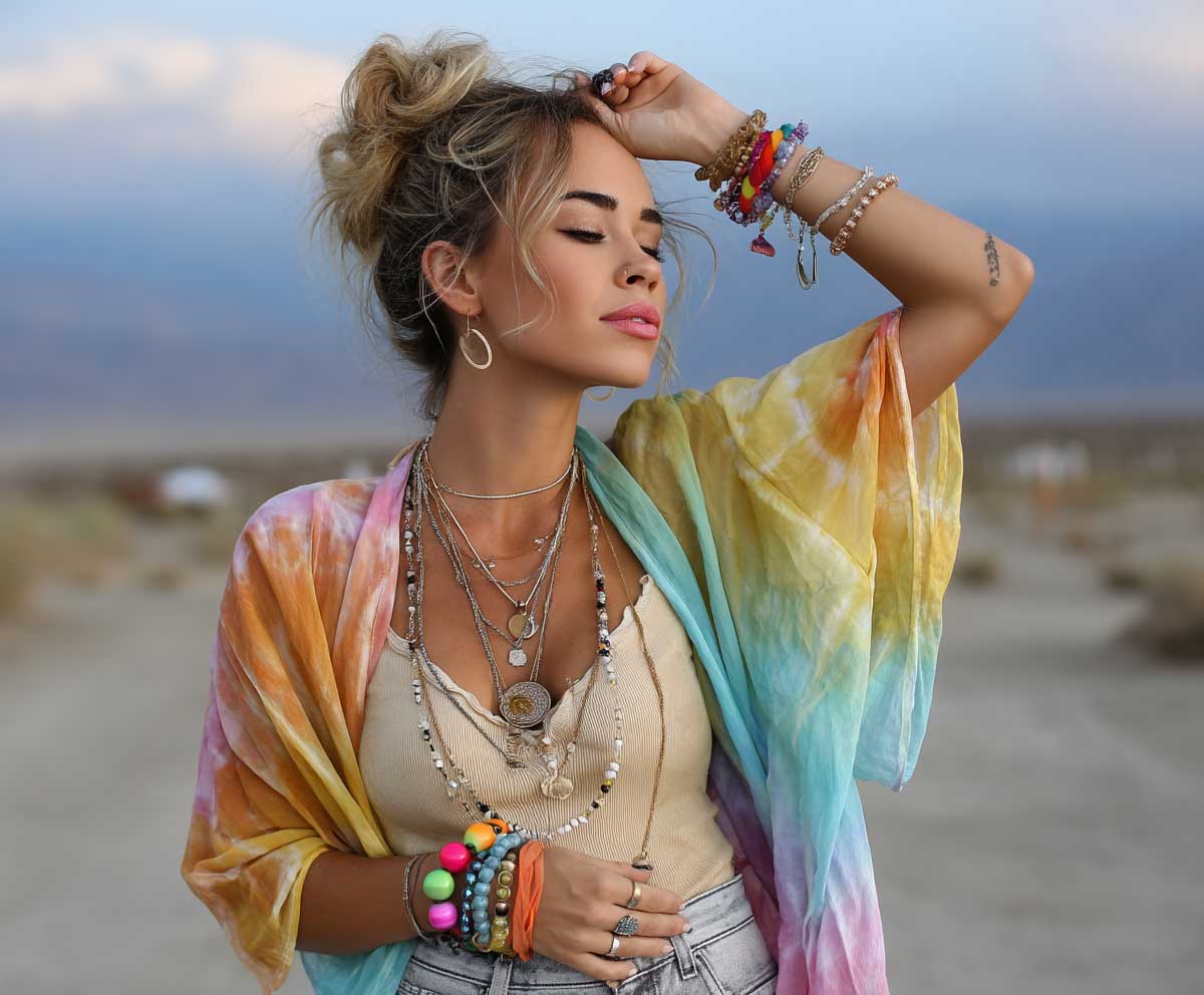 Trendy model in tie dye sheer kimono with cuffed vintage high-waisted jeans, layered necklaces, messy bun, colorful bracelets, sunset desert vibe, full-length photo shoot, festival fashion
