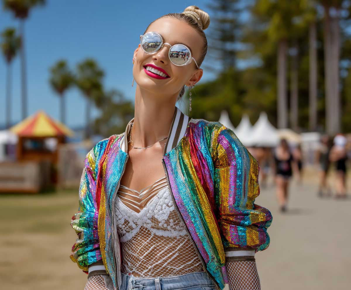 Smiling model in rainbow sequin bomber jacket, white fishnet layers, denim shorts, bold makeup, reflective sunglasses, palm trees in the distance, vibrant music festival style